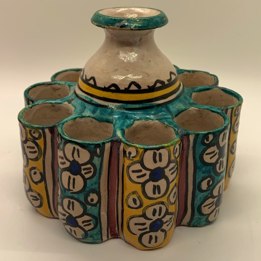 RARE and UNIQUE Moroccan Polychrome Painted and glazed terracotta INKWELL